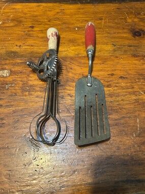 Antique kitchen  tool lot egg beater and flipper spatula